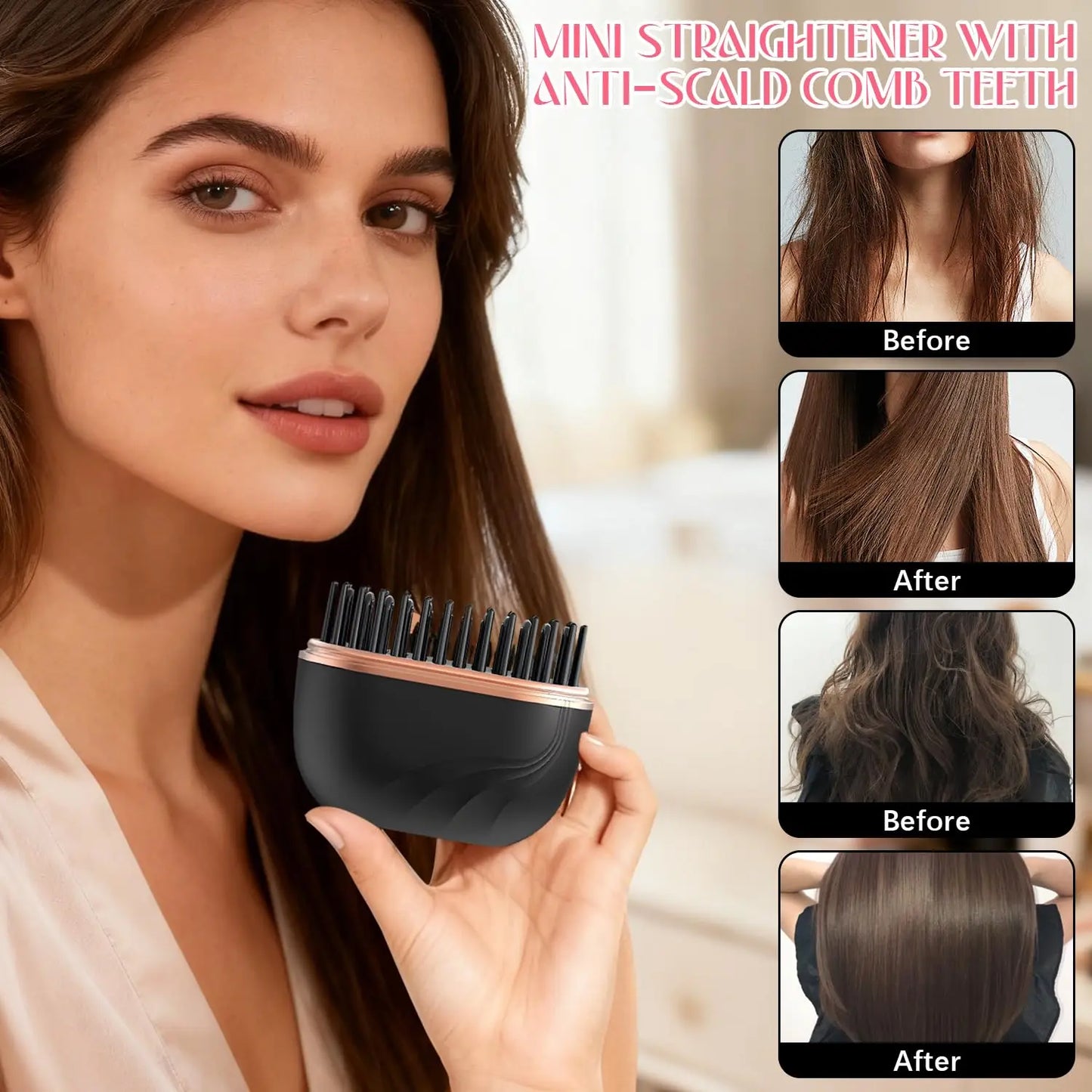Revolutionary Mini Cordless Hair Straightener Brush - Rechargeable, Anti-Scald, and USB Charging for Effortless Styling Anywhere!