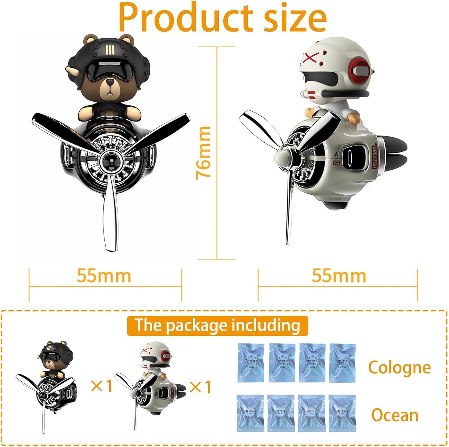 2Pcs Car Air Fresheners, Cute Bear Pilot Automotive Air Outlet Creative Car Perfume Diffuser, Automotive Accessories Air Vent Decoration with 8 Fragrant Tablets (Black 1+White 1)